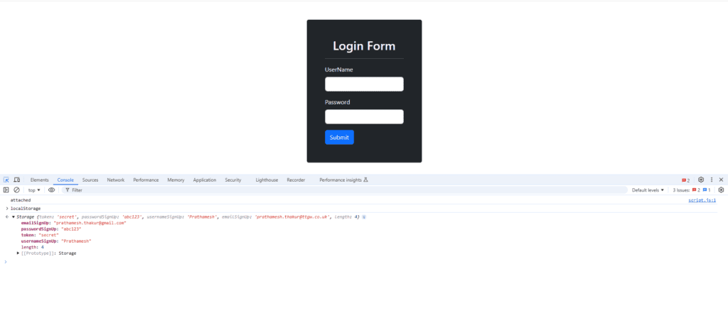 JavaScript Login Form localstorage